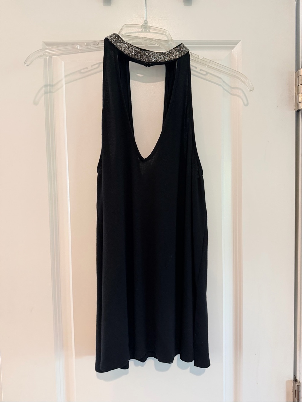 Express Black Sleeveless Halter Top with Embellished Neckline